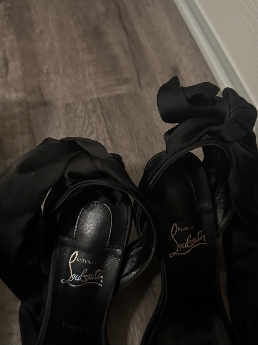 Christian Louboutin Black Satin Heels with Red Sole - Picture 3 of 4